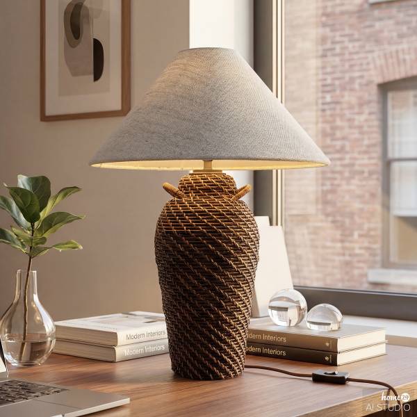Tischleuchte Brillo - Rattan / Leinen - 1-flammig
