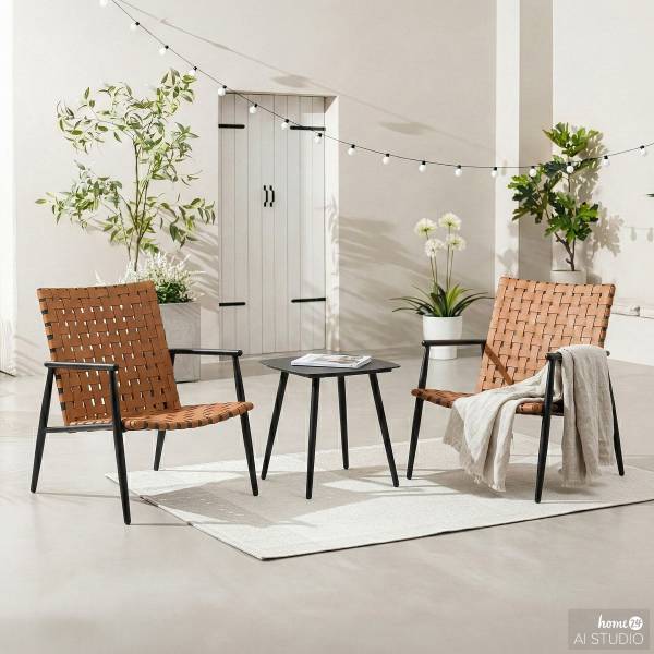Balkonset Jarda 3-teilig - Stahl / Polyrattan - Schwarz / Braun