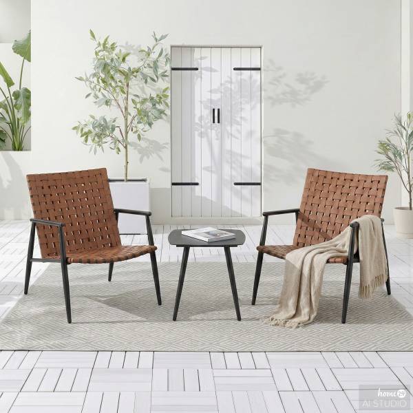 Balkonset Jarda 3-teilig - Stahl / Polyrattan - Schwarz / Braun