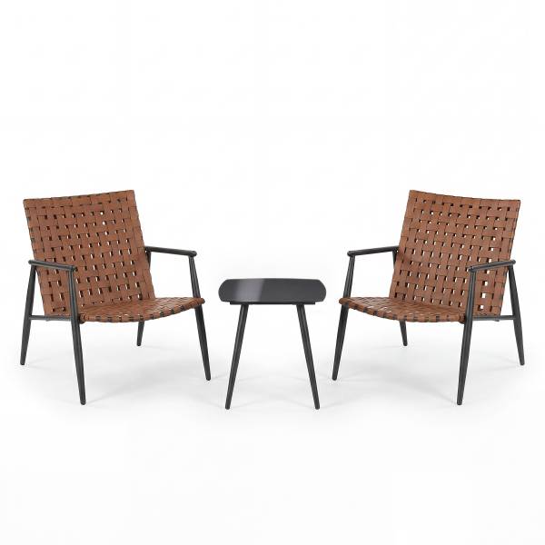Balkonset Jarda 3-teilig - Stahl / Polyrattan - Schwarz / Braun