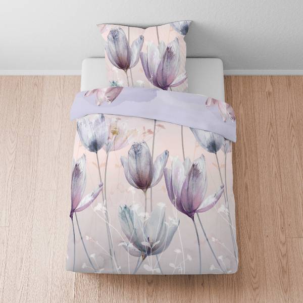 Baumwoll-Satin-Bettwäsche Tulpe - Baumwolle - Flieder - 135 x 200 cm + Kissen 80 x 80 cm