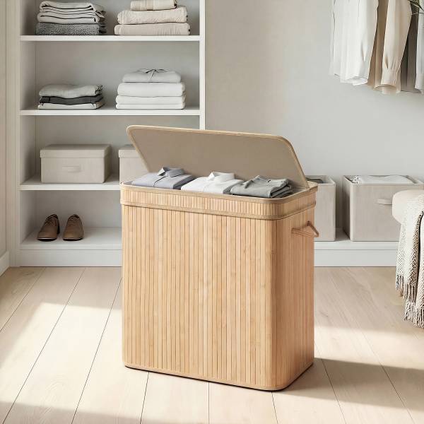 Wäschekorb Kyiro - Bambus / Polyester - Beige / Weiß