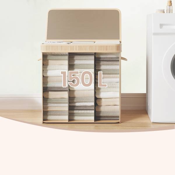 Wäschekorb Kyiro - Bambus / Polyester - Beige / Weiß