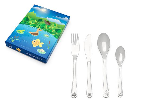 Kinderbesteck Gartenteichtiere 4-teilig - Edelstahl - Silber