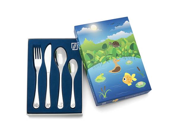 Kinderbesteck Gartenteichtiere 4-teilig - Edelstahl - Silber