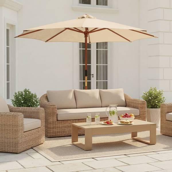Sonnenschirm Sombrilla - Eukalyptus massiv / Polyester - Beige - Durchmesser: 300 cm