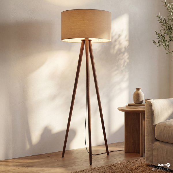 Stehleuchte Lunix - Pinie massiv / Textil - 1-flammig - Taupe