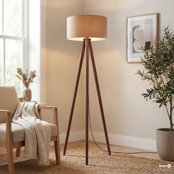 Stehleuchte Lunix - Pinie massiv / Textil - 1-flammig - Taupe
