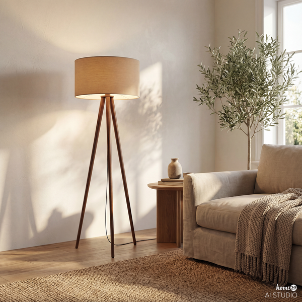Stehleuchte Lunix - Pinie massiv / Textil - 1-flammig - Taupe