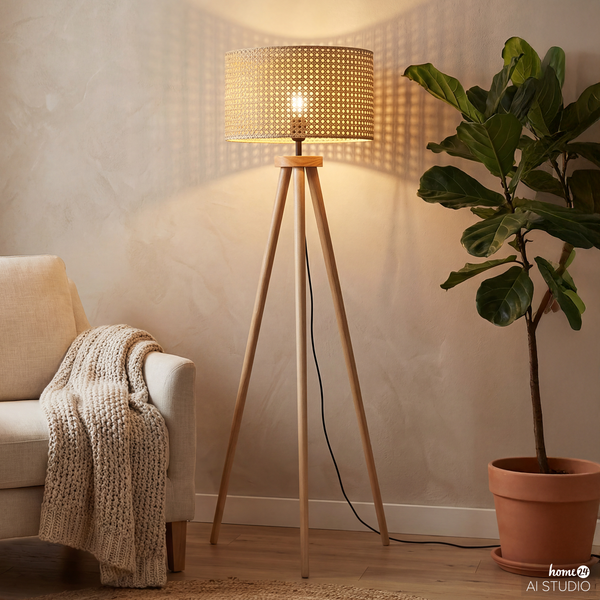 Stehleuchte FLEXO - Kiefer massiv / Rattan - 1-flammig