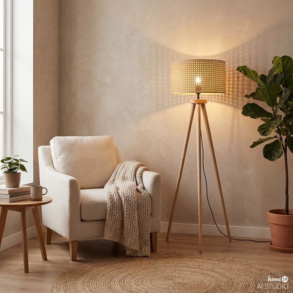 Stehleuchte FLEXO - Kiefer massiv / Rattan - 1-flammig