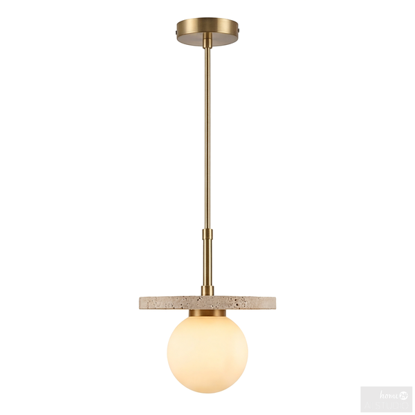 Pendelleuchte ALUXE - Opalglas / Eisen / Travertin - 1-flammig
