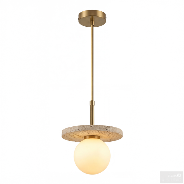 Pendelleuchte ALUXE - Opalglas / Eisen / Travertin - 1-flammig