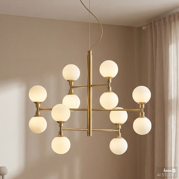 Pendelleuchte Klyro - Opalglas / Eisen - 12-flammig - Gold