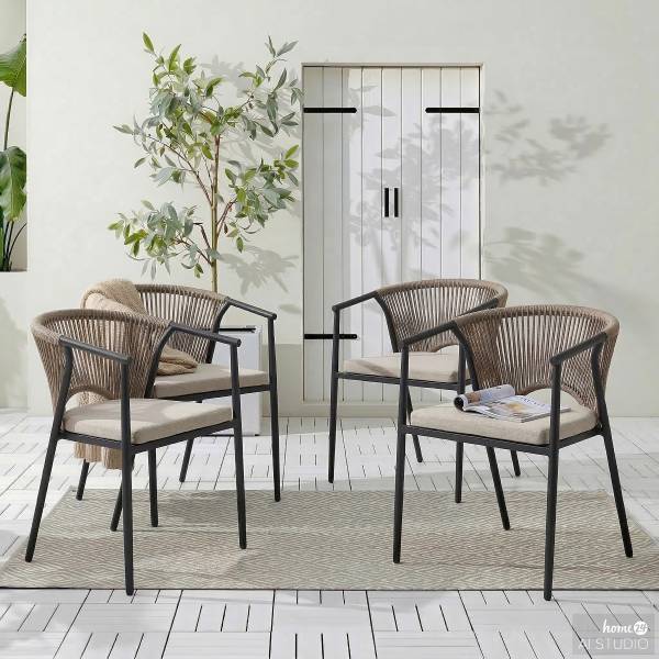 Gartenstuhl Arin 4er-Set - Eisen / Webstoff - Schwarz / Beige