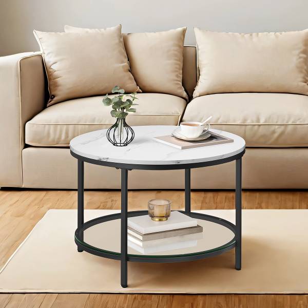 Couchtisch Chongu - Marmor Weiß Dekor / Schwarz - Durchmesser: 65 cm