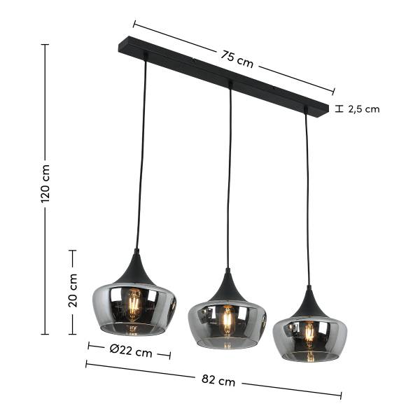 Pendelleuchte Oli - Eisen / Rauchglas - Schwarz - Flammenanzahl: 3