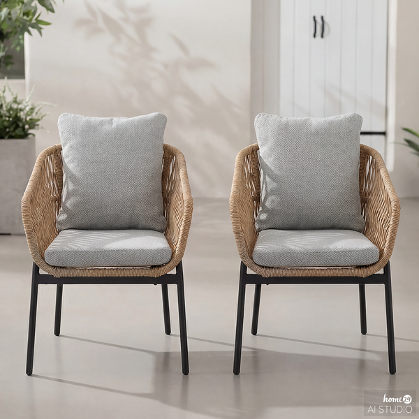 Gartenstuhl Ruvo 2er-Set - Polyrattan / Webstoff - Braun / Grau