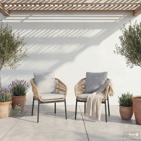 Gartenstuhl Ruvo 2er-Set - Polyrattan / Webstoff - Braun / Grau