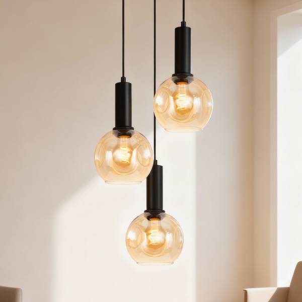 Pendelleuchte Jervey Rund - Gusseisen / Farbglas - Bernstein - 3-flammig