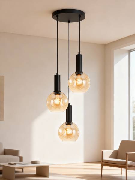 Pendelleuchte Jervey Rund - Gusseisen / Farbglas - Bernstein - 3-flammig