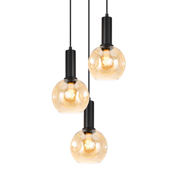 Pendelleuchte Jervey Rund - Gusseisen / Farbglas - Bernstein - 3-flammig