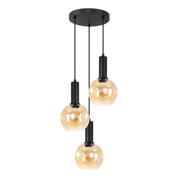 Pendelleuchte Jervey Rund - Gusseisen / Farbglas - Bernstein - 3-flammig