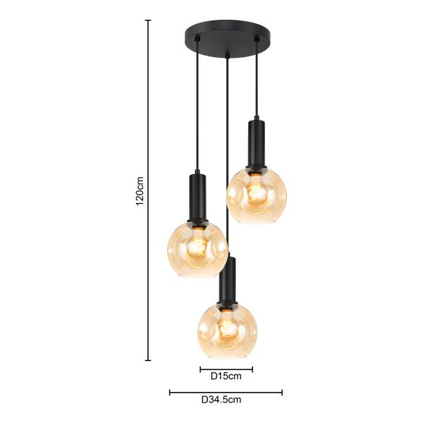 Pendelleuchte Jervey Rund - Gusseisen / Farbglas - Bernstein - 3-flammig