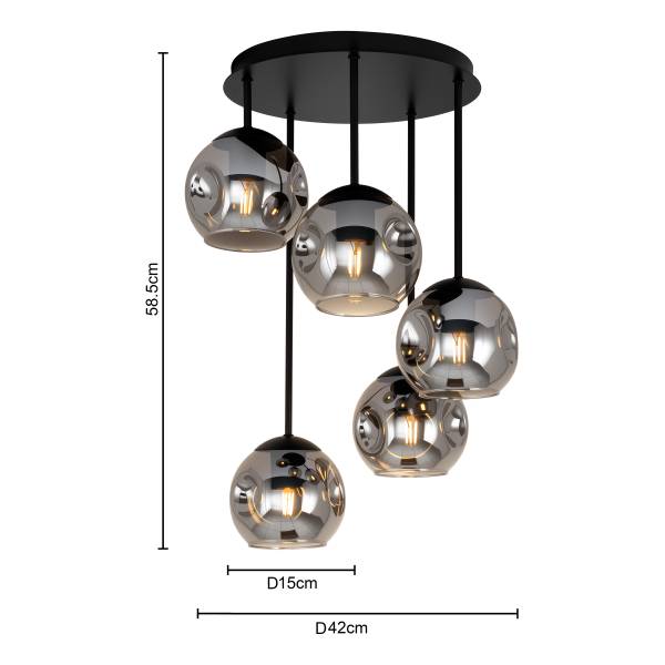 Deckenleuchte Ardeno - Gusseisen / Rauchglas - Schwarz - 5-flammig
