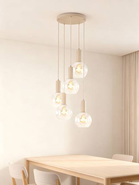 Pendelleuchte Bilman Rund - Gusseisen / Klarglas - Beige - Flammenanzahl: 5