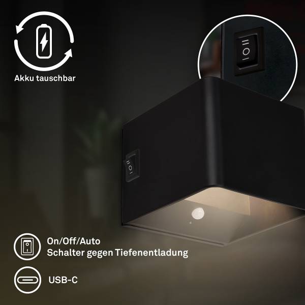 Akku LED-Wandleuchte Borra - Aluminium / Polypropylen - Schwarz