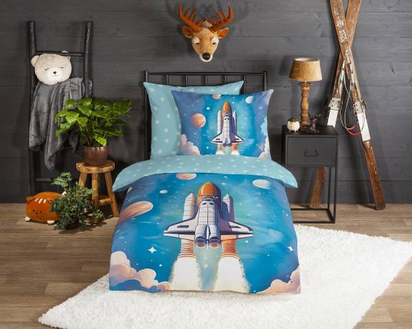 Kinderbettwäsche Gunit - Flanell - Blau - 135 x 200 cm + Kissen 80 x 80 cm