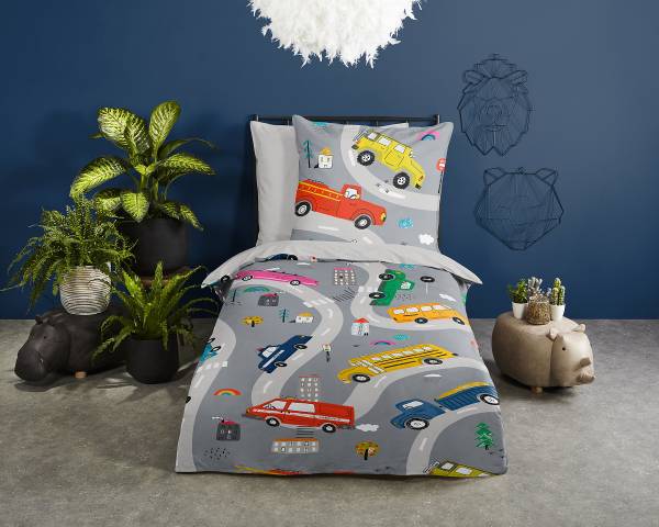 Kinderbettwäsche Jombe - Microfaser - Grau - 135 x 200 cm + Kissen 80 x 80 cm