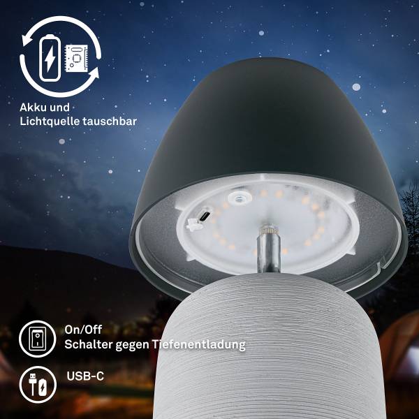 Akku LED Tischleuchte Cera - Keramik - Grau