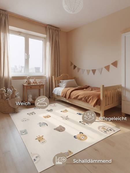 Kinderteppich Tiny Zoo - Polypropylen / Jute - Creme - 120 x 170 cm