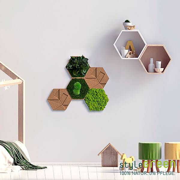 Dekopanel Hexagon 5er-Set - Moos / Kork - Grün / Kork