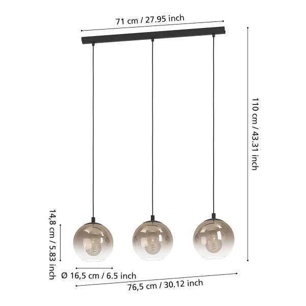 Pendelleuchte Ariscani Typ B - Stahl / Rauchglas - 3-flammig - Schwarz / Kupfer