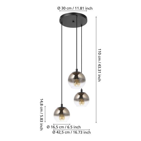 Pendelleuchte Ariscani Typ A - Stahl / Rauchglas - Schwarz / Kupfer - Flammenanzahl: 3