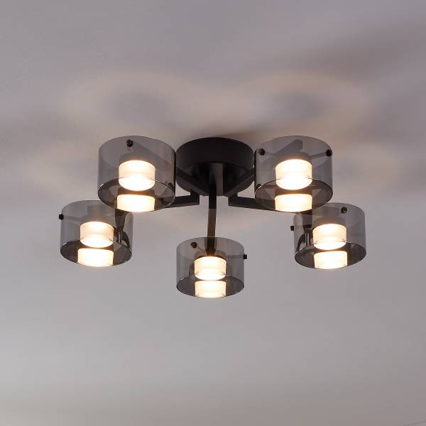 LED-Deckenleuchte Copillos - Stahl / Rauchglas - Schwarz - 5-flammig