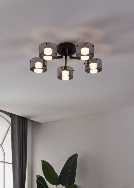 LED-Deckenleuchte Copillos - Stahl / Rauchglas - Schwarz - 5-flammig