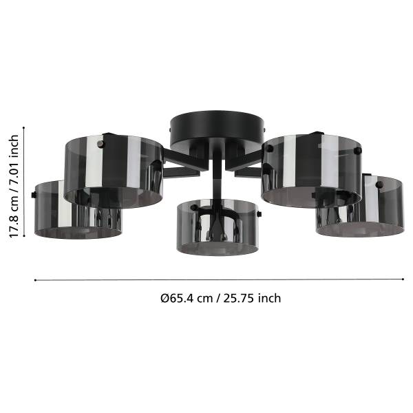 LED-Deckenleuchte Copillos - Stahl / Rauchglas - Schwarz - 5-flammig