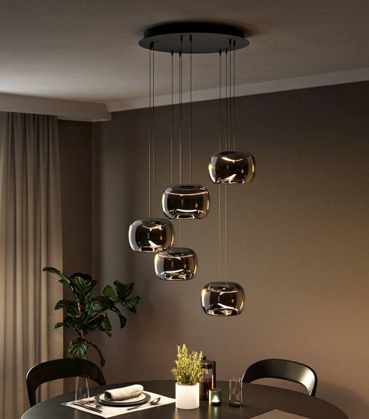 Pendelleuchte Hortunas Typ B - Stahl / Rauchglas - Schwarz - 5-flammig