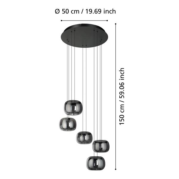 Pendelleuchte Hortunas Typ B - Stahl / Rauchglas - Schwarz - 5-flammig