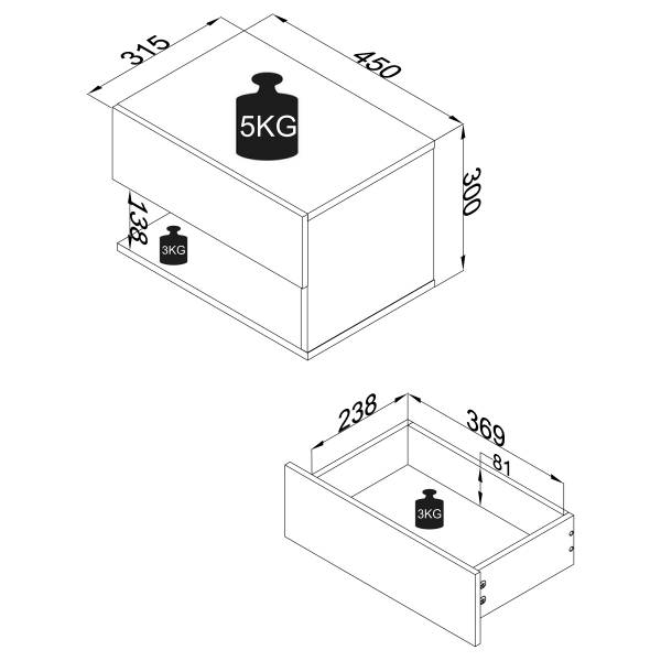 Hänge-Nachtkommode Usal XL - Schwarz - Breite: 45 cm