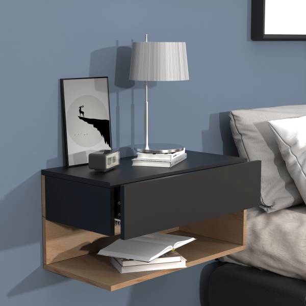 Hänge-Nachtkommode Usal XL - Eiche Dekor / Schwarz - Breite: 60 cm