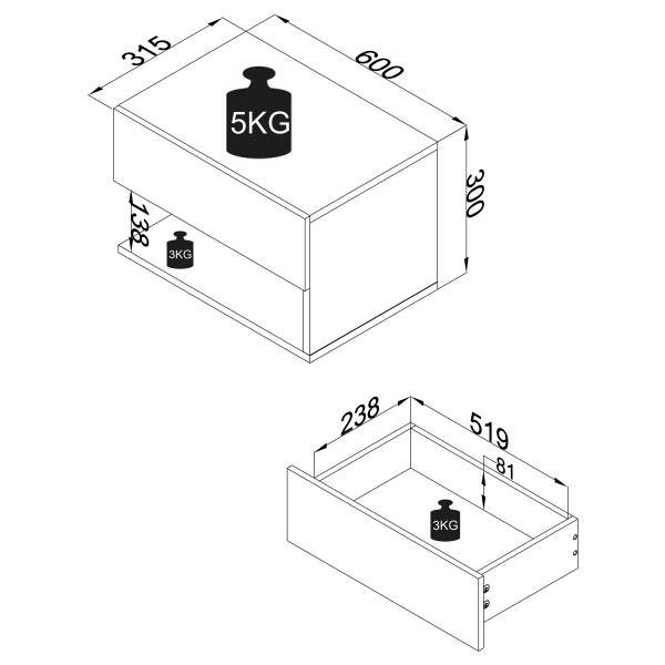 Hänge-Nachtkommode Usal XL - Eiche Dekor / Schwarz - Breite: 60 cm