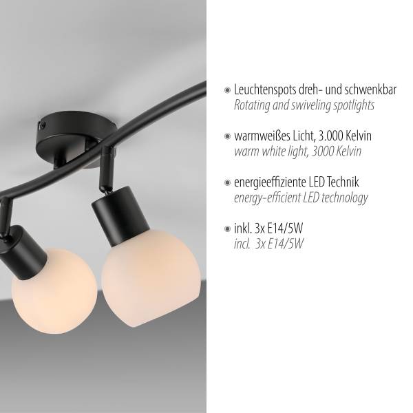 LED-Deckenleuchte Loki Typ B - Eisen / Opalglas - Schwarz - Flammenanzahl: 3