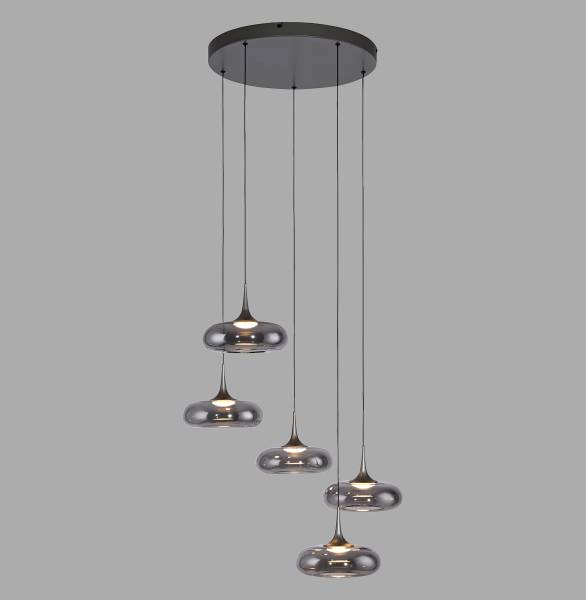 LED-Pendelleuchte Posh rund - Rauchglas / Eisen - 5-flammig