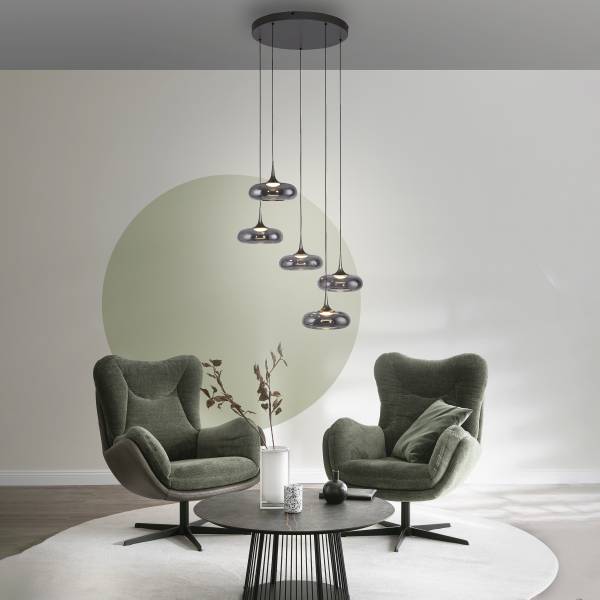 LED-Pendelleuchte Posh rund - Rauchglas / Eisen - 5-flammig
