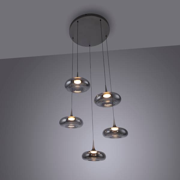 LED-Pendelleuchte Posh rund - Rauchglas / Eisen - 5-flammig